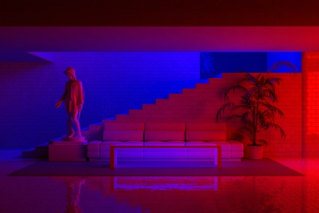 红 蓝 雕像 植物 砖块 沙发 霓虹灯 室内设计 AI艺术 极简主义 4K壁纸 3840x2160