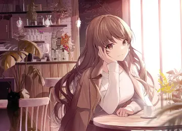 黑发 棕色眼睛 动漫 女孩 咖啡馆 猫 4K壁纸  5015x3531