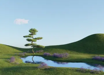 AI艺术 自然 风景 田野 树木 河流 倒影 水 4K壁纸  6000x4000