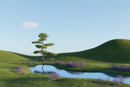 AI艺术 自然 风景 田野 树木 河流 倒影 水 4K壁纸 6000x4000