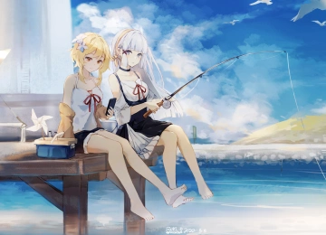 动漫 女孩 原神 海边 钓鱼 长发 短发 灯塔 4K壁纸  4966x2759