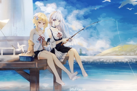 动漫 女孩 原神 海边 钓鱼 长发 短发 灯塔 4K壁纸 4966x2759