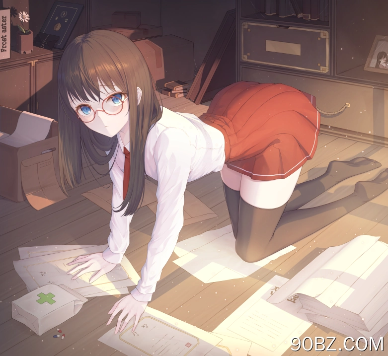 弯腰 黑发 长发 蓝眼睛 AI艺术 动漫 女孩 眼镜 皱眉 白衬衫 红裙子 校服 4K壁纸