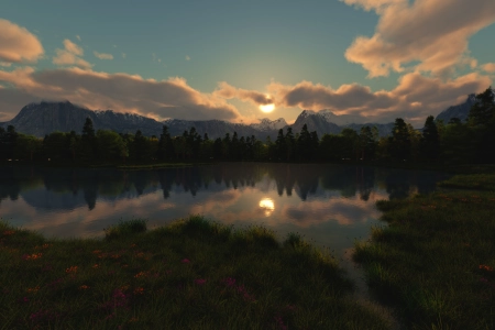 风景 自然 湖泊 云 太阳 反射 树 山 草 AI艺术 4K壁纸 3840x2160