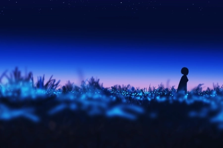 纤细花田星辉暮色数字艺术宽屏剪影天空户外女子荧光蓝 7520x3200