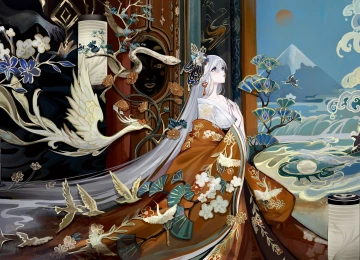 抬头 动漫 动漫女孩 和服 动物 鹅 蛇 花 浪 山 电脑壁纸 4K壁纸  7432x4290