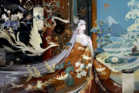抬头 动漫 动漫女孩 和服 动物 鹅 蛇 花 浪 山 电脑壁纸 4K壁纸 7432x4290