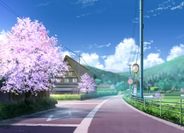 动漫 樱花 道路 风景 城镇  电脑壁纸 4K壁纸  5120x2880