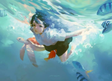女人 深色头发  游泳 乌龟 鱼 插图 动漫女孩  电脑壁纸 4K壁纸  3840x2160