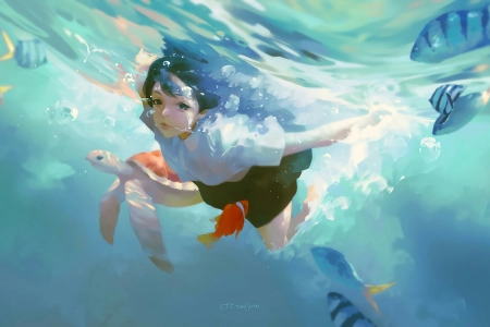 女人 深色头发  游泳 乌龟 鱼 插图 动漫女孩  电脑壁纸 4K壁纸 3840x2160