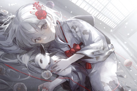 灰色的眼睛 微笑 长发 动漫女孩 和服 花 银发 兔子 4K壁纸 4093x2894