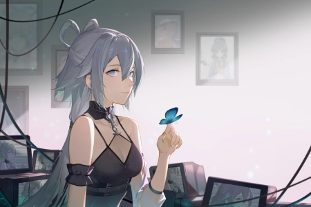 长发 微笑 灰色眼睛 动漫 灰发 蝴蝶  4K壁纸 4016x2457