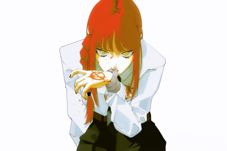 红发 看观众 动漫 动漫女孩绷带 黄眼睛 裤子 白衬衫 简单背景 黑色裤子 腰带  电脑壁纸 4K壁纸 3840x2160