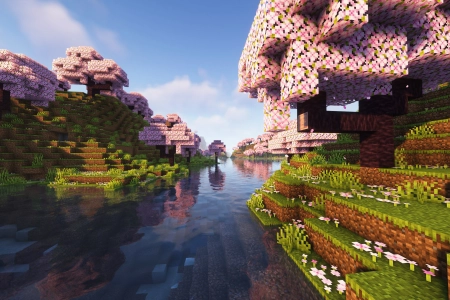 樱花 水 我的世界 电子游戏 立方体 天空 云 鲜花 树  电脑壁纸 4K壁纸 3840x2160