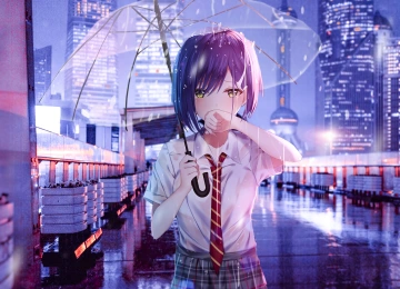 紫色的头发 站着 嘴上的手 动漫 动漫女孩 领带 雨伞 户外 电脑壁纸 4K壁纸  3840x2160