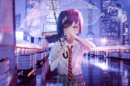 紫色的头发 站着 嘴上的手 动漫 动漫女孩 领带 雨伞 户外 电脑壁纸 4K壁纸 3840x2160