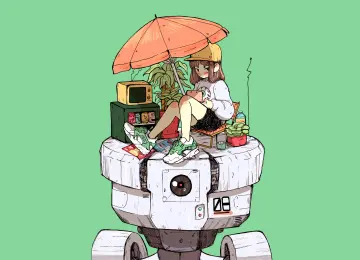  动漫女孩 漫画 阳伞 简单背景 动漫 机甲 绿色 护眼 电脑壁纸 4K壁纸  4600x2588