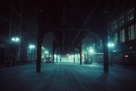 城市 建筑 黑暗 夜晚 胶片 颗粒 寒冷 雪 汽波 4K壁纸 7127x4754