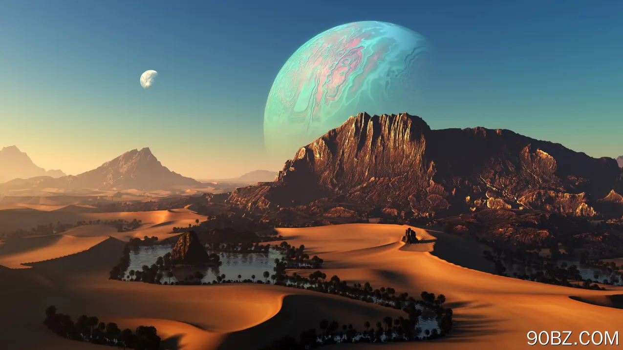 AI艺术 自然 风景 沙漠 绿洲 行星 山脉 沙子 棕榈树  电脑壁纸 4K壁纸