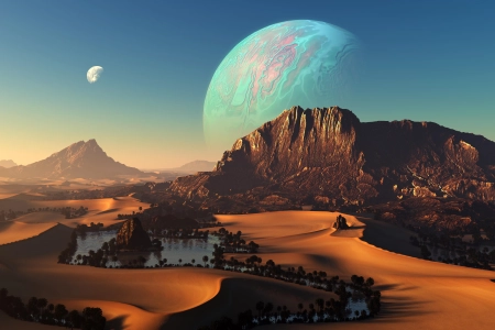 AI艺术 自然 风景 沙漠 绿洲 行星 山脉 沙子 棕榈树  电脑壁纸 4K壁纸 5120x2880