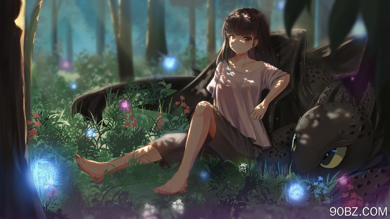 原创 人物 赤脚 黑发 动漫 女孩 森林 鲜花 恤 短裤 龙宝宝 龙 小龙 4K壁纸