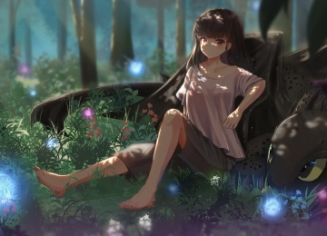 原创 人物 赤脚 黑发 动漫 女孩 森林 鲜花 恤 短裤 龙宝宝 龙 小龙 4K壁纸  6400x3600