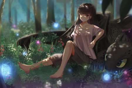 原创 人物 赤脚 黑发 动漫 女孩 森林 鲜花 恤 短裤 龙宝宝 龙 小龙 4K壁纸 6400x3600