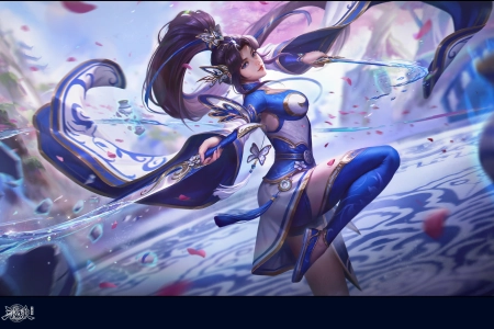 游戏 角色 马尾辫 长发 水 花瓣 天空 云 武器  电脑壁纸 4K壁纸 5780x3119
