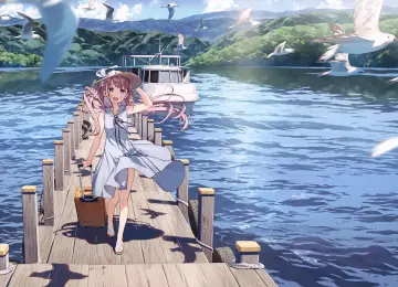 动漫女孩 船 海鸥  电脑壁纸 4K壁纸  4969x3149