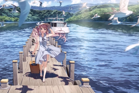 动漫女孩 船 海鸥  电脑壁纸 4K壁纸 4969x3149
