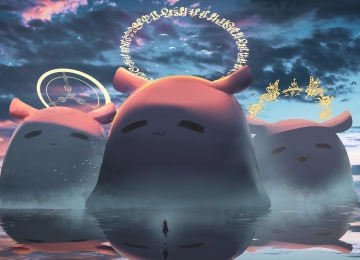 虚拟  全息 动漫女孩 AI艺术 反射 水 云  电脑壁纸 4K壁纸  5548x2576