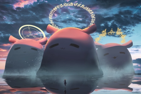 虚拟  全息 动漫女孩 AI艺术 反射 水 云  电脑壁纸 4K壁纸 5548x2576