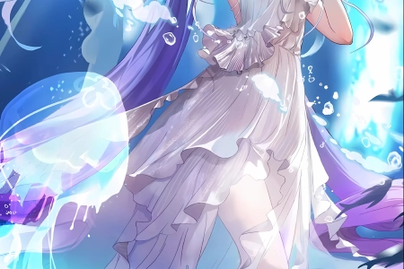 长发 微笑 阿苏尔 动漫 女孩 双尾 衣服 鱼 水母 动物 水 水下 泡泡 虚拟偶像 手机壁纸 4K壁纸 4320x7808