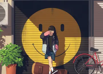 站立 动漫 街道 倒影 自行车 微笑 4K壁纸  4800x4800