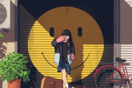 站立 动漫 街道 倒影 自行车 微笑 4K壁纸 4800x4800
