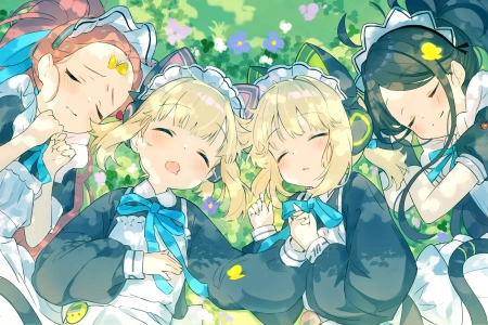 猫女孩 仰卧 微笑 长发 动漫女孩 女佣 睡眠 蔚蓝档案 女佣服装 猫尾 猫耳 草 花 领结  电脑壁纸 4K壁纸 4096x2304