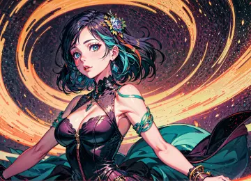 多色头发 短发 蓝眼睛 肩膀 人工智能 动漫女孩 连衣裙 五颜六色 时空旅行 科幻 奇幻艺术 魔术 照相 AI艺术  4K壁纸  3840x2160