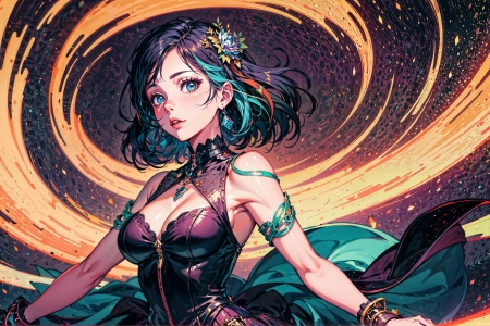 多色头发 短发 蓝眼睛 肩膀 人工智能 动漫女孩 连衣裙 五颜六色 时空旅行 科幻 奇幻艺术 魔术 照相 AI艺术  4K壁纸 3840x2160