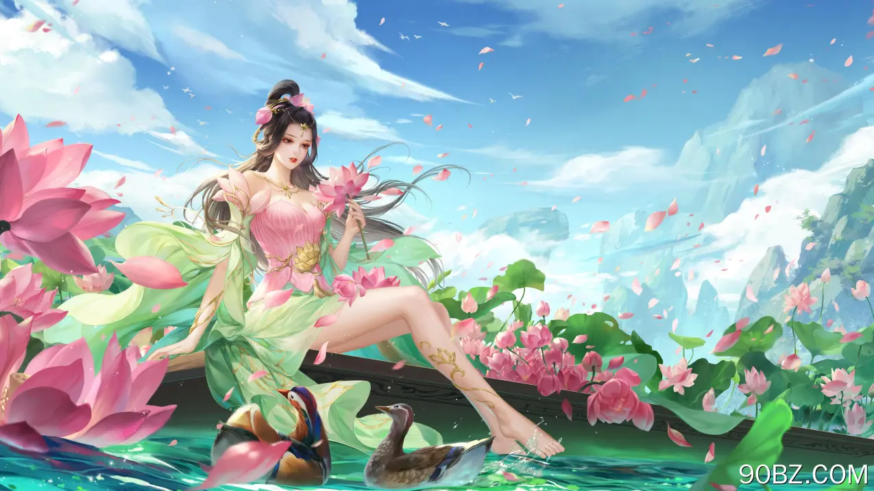女人 长发 粉色 游戏 花 天空 云 水 花瓣 山 衣服 树叶  电脑壁纸 4K壁纸