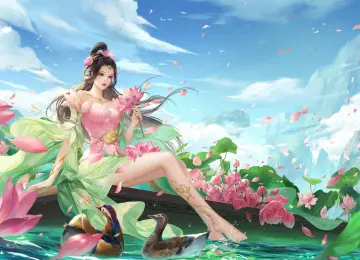 女人 长发 粉色 游戏 花 天空 云 水 花瓣 山 衣服 树叶  电脑壁纸 4K壁纸  4927x2771