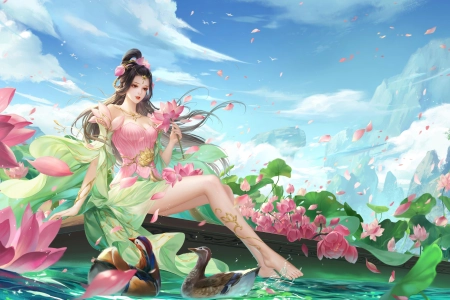 女人 长发 粉色 游戏 花 天空 云 水 花瓣 山 衣服 树叶  电脑壁纸 4K壁纸 4927x2771