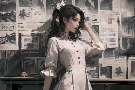 报纸 白色裙子 马尾 黑色头发 蝴蝶结 举起手臂 4K壁纸 3840x2160