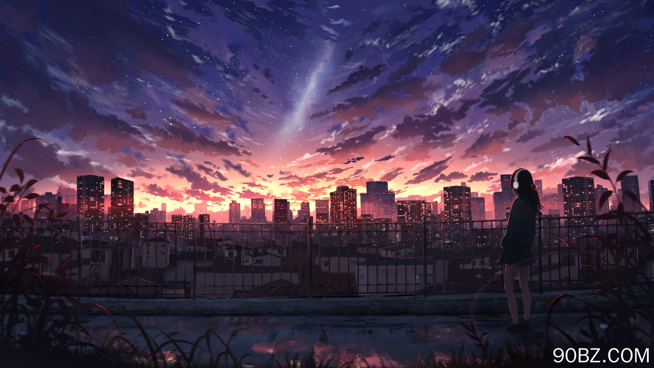 天空 城市景观 耳机 城市 摩天大楼 云 星星 日落 AI艺术  电脑壁纸 4K壁纸