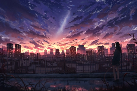 天空 城市景观 耳机 城市 摩天大楼 云 星星 日落 AI艺术  电脑壁纸 4K壁纸 3840x2160