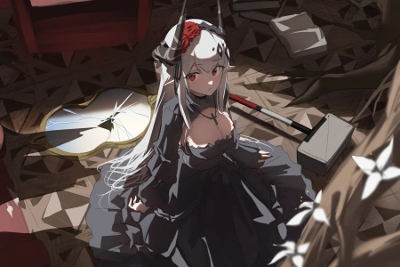 红眼睛 明日方舟 动漫 女孩 十字架 项链 兽耳 角 4K壁纸 4096x3277
