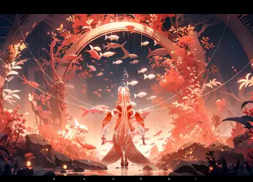  原神 长发 站立 马尾 原神 动漫 动漫女孩 水 鱼 植物 动物 岩石 树叶  电脑壁纸 4K壁纸  4368x2448