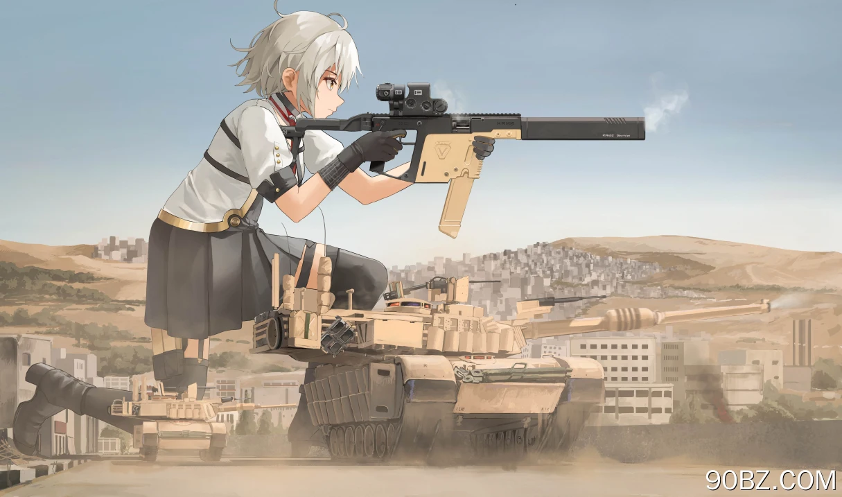 短发 持枪女孩 动漫女孩 坦克 武器 少女前线 制服 天空 城市 建筑 军用车辆 手套 枪  电脑壁纸 4K壁纸