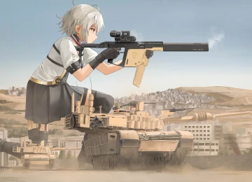 短发 持枪女孩 动漫女孩 坦克 武器 少女前线 制服 天空 城市 建筑 军用车辆 手套 枪  电脑壁纸 4K壁纸  7428x4382