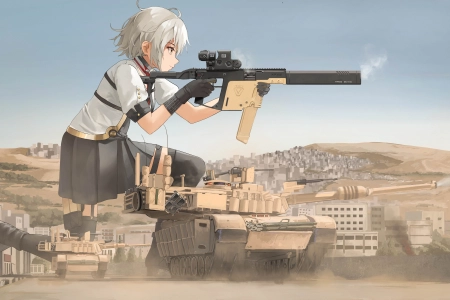短发 持枪女孩 动漫女孩 坦克 武器 少女前线 制服 天空 城市 建筑 军用车辆 手套 枪  电脑壁纸 4K壁纸 7428x4382