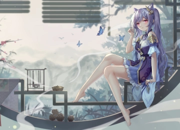 赤脚 紫色头发 长发 粉色眼睛 原神 科清 原神 动漫女孩 连衣裙  电脑壁纸 4K壁纸  4801x2700